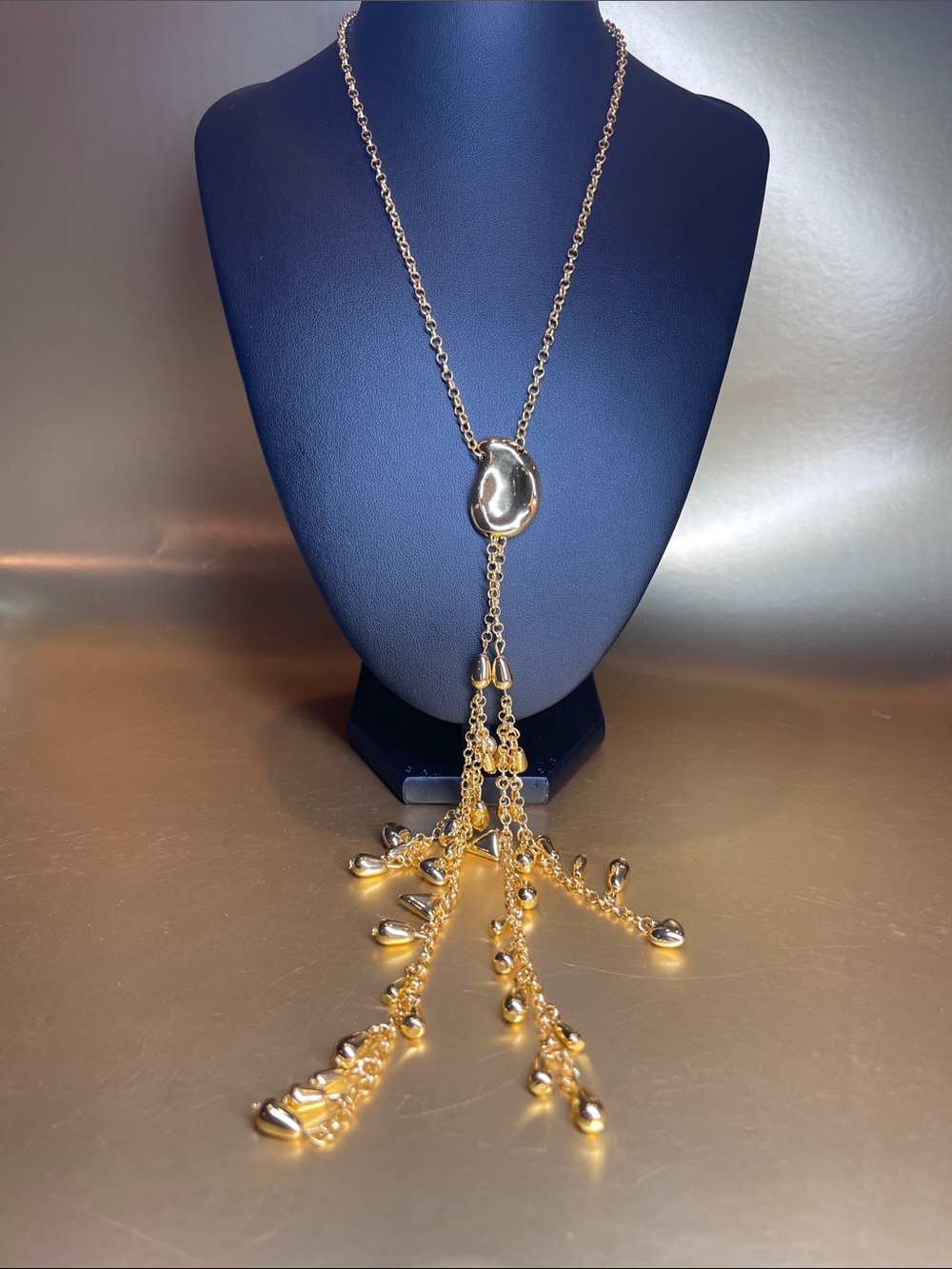 Gold Lariat Necklace with Teardrop Tassels - Women Jewelry